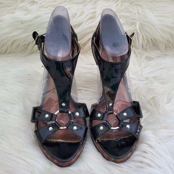 Michael Antonis Black Strappy Patent Leather Platform Shoes SZ 8.5 - Picture 3 of 11